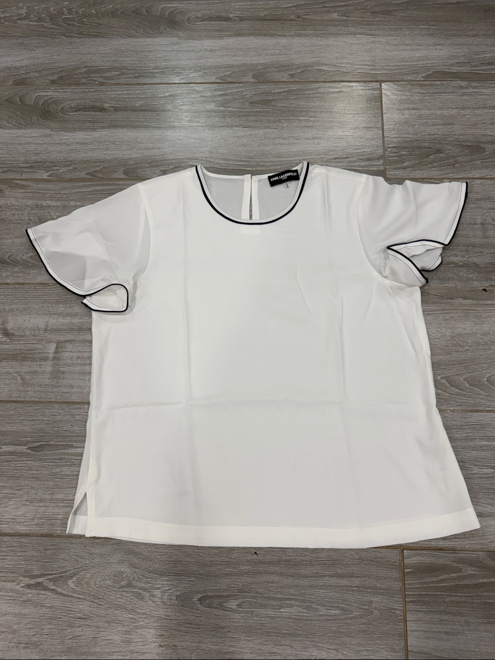 New Karl Lagerfeld White Blouse with Black Piping and Flutter Sleeves size L